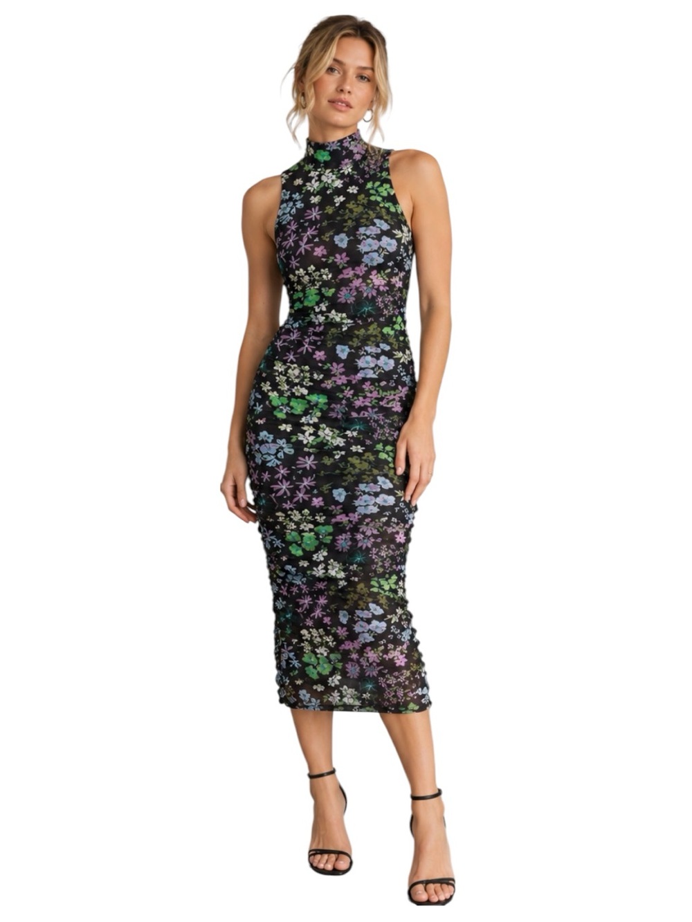 AFRM Sonia Ruched Mesh Maxi Dress Size XS Floral Bodycon Black